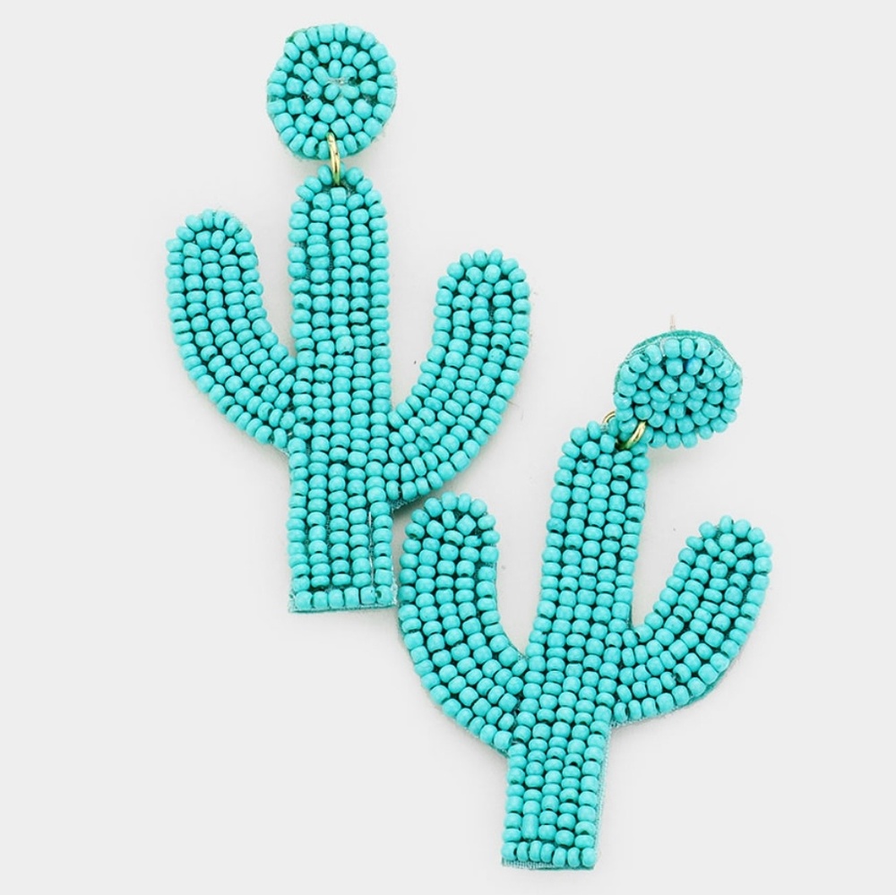 Beaded Turquoise Cactus Dangle Earrings Fun Shaped Drop Felt Back Jewelry - Picture 1 of 3